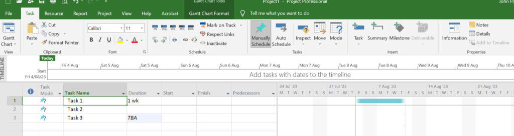 MS Project window with 3 tasks with manual scheduling option